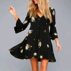 Free People Time On My Side Floral Print Bell Sleeves Wrap Dress Black Sz L NWT